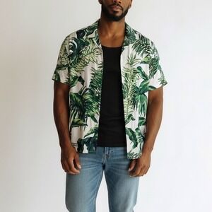 HM Mens Tropical Palm Leaf Print Viscose Short Sleeve Camp Shirt White Green L